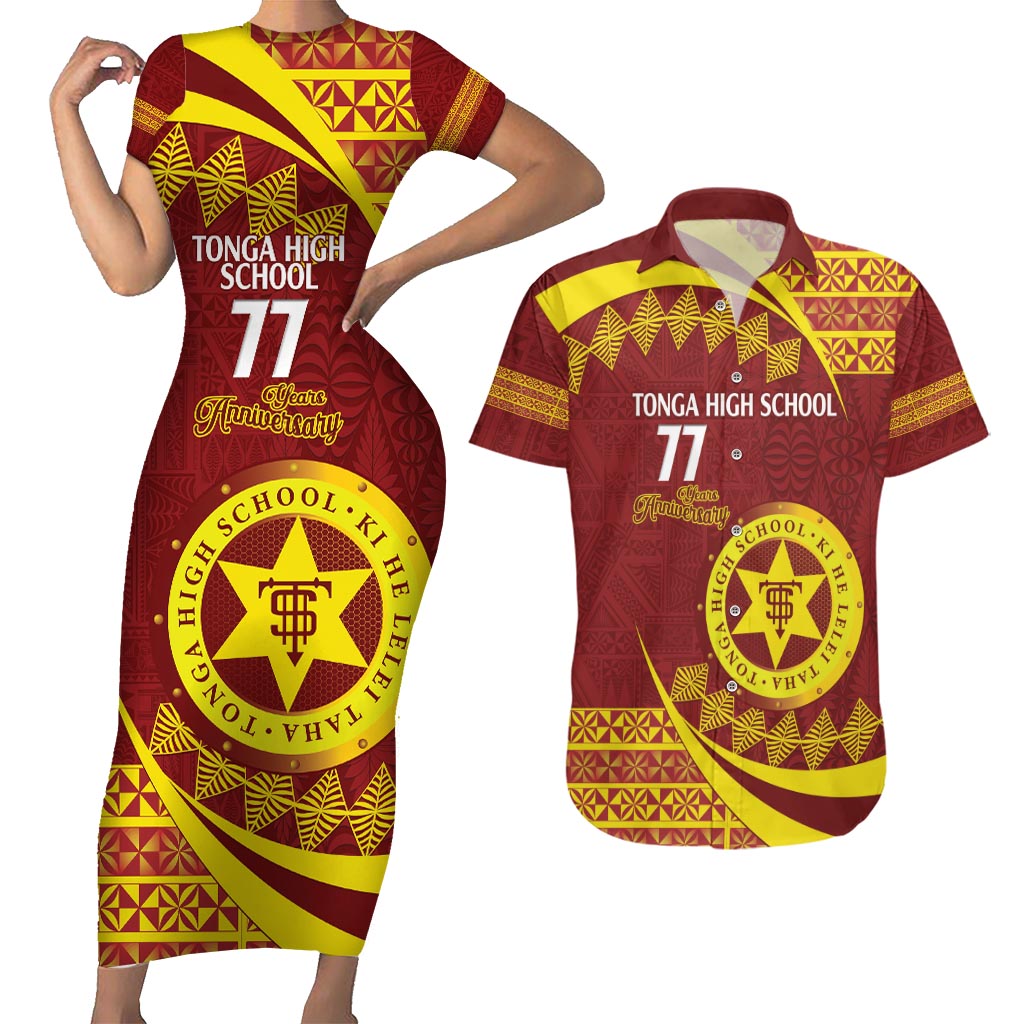 Personalised Tonga High School Couples Matching Short Sleeve Bodycon Dress and Hawaiian Shirt Happy 77 Years Anniversary LT14 Maroon - Polynesian Pride