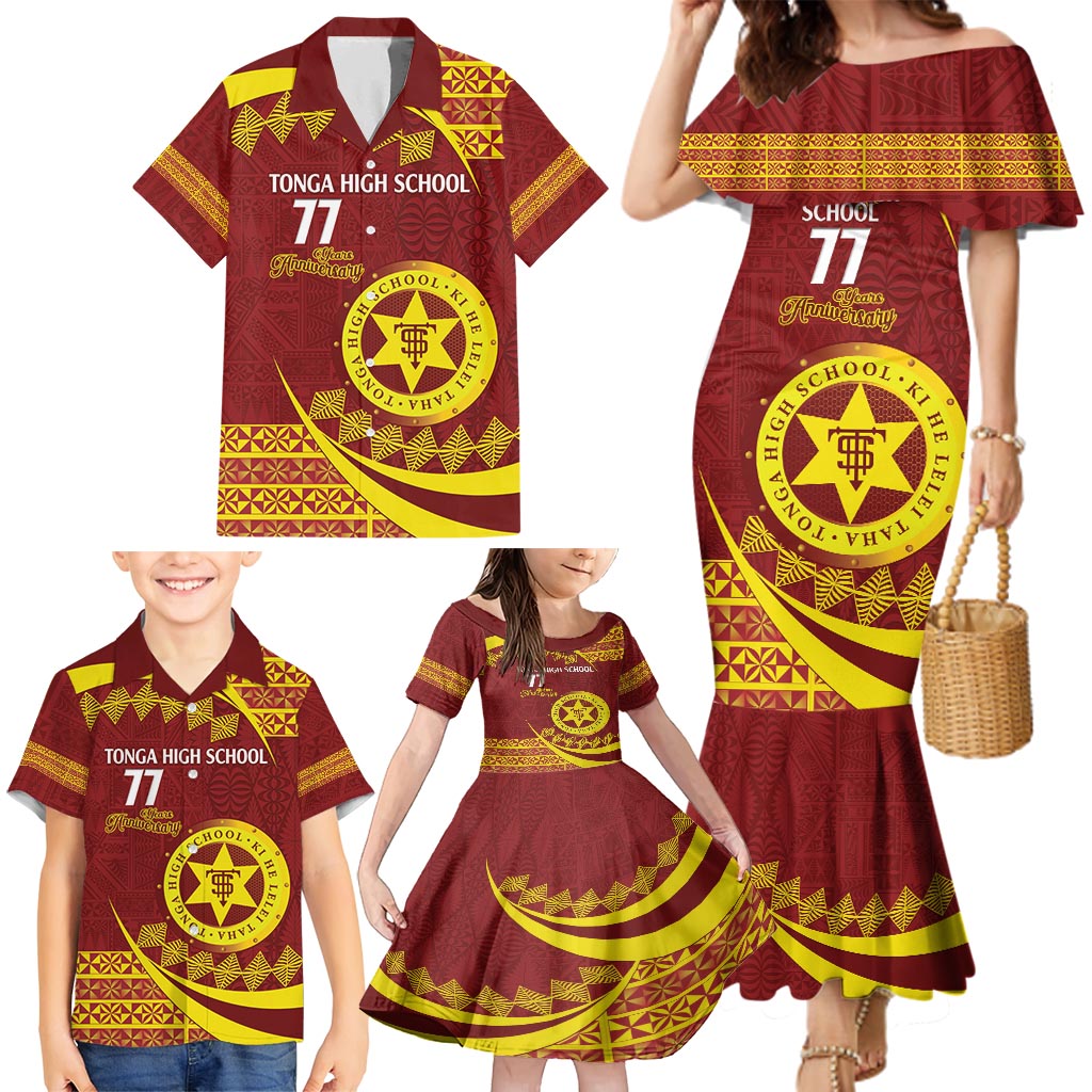 Personalised Tonga High School Family Matching Mermaid Dress and Hawaiian Shirt Happy 77 Years Anniversary LT14 - Polynesian Pride
