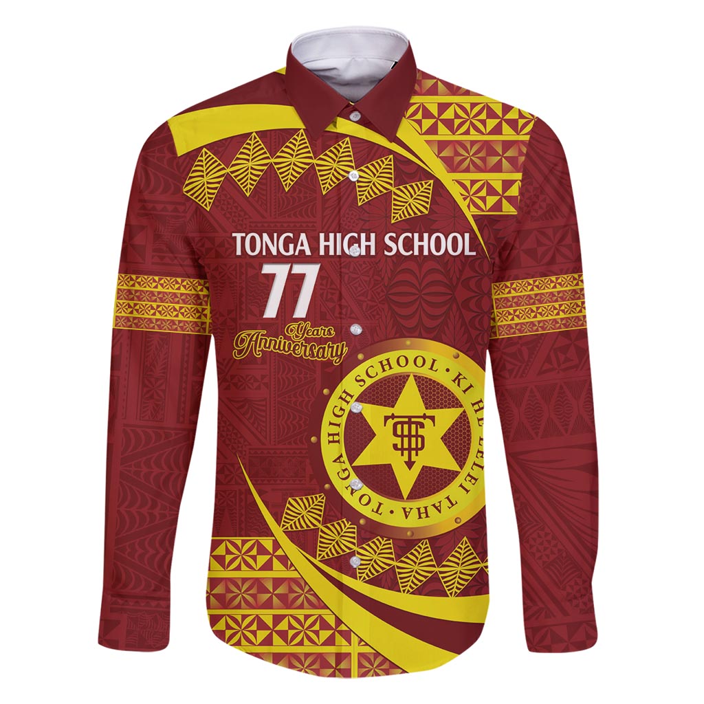 Personalised Tonga High School Family Matching Mermaid Dress and Hawaiian Shirt Happy 77 Years Anniversary LT14 Dad's Shirt - Long Sleeve Maroon - Polynesian Pride