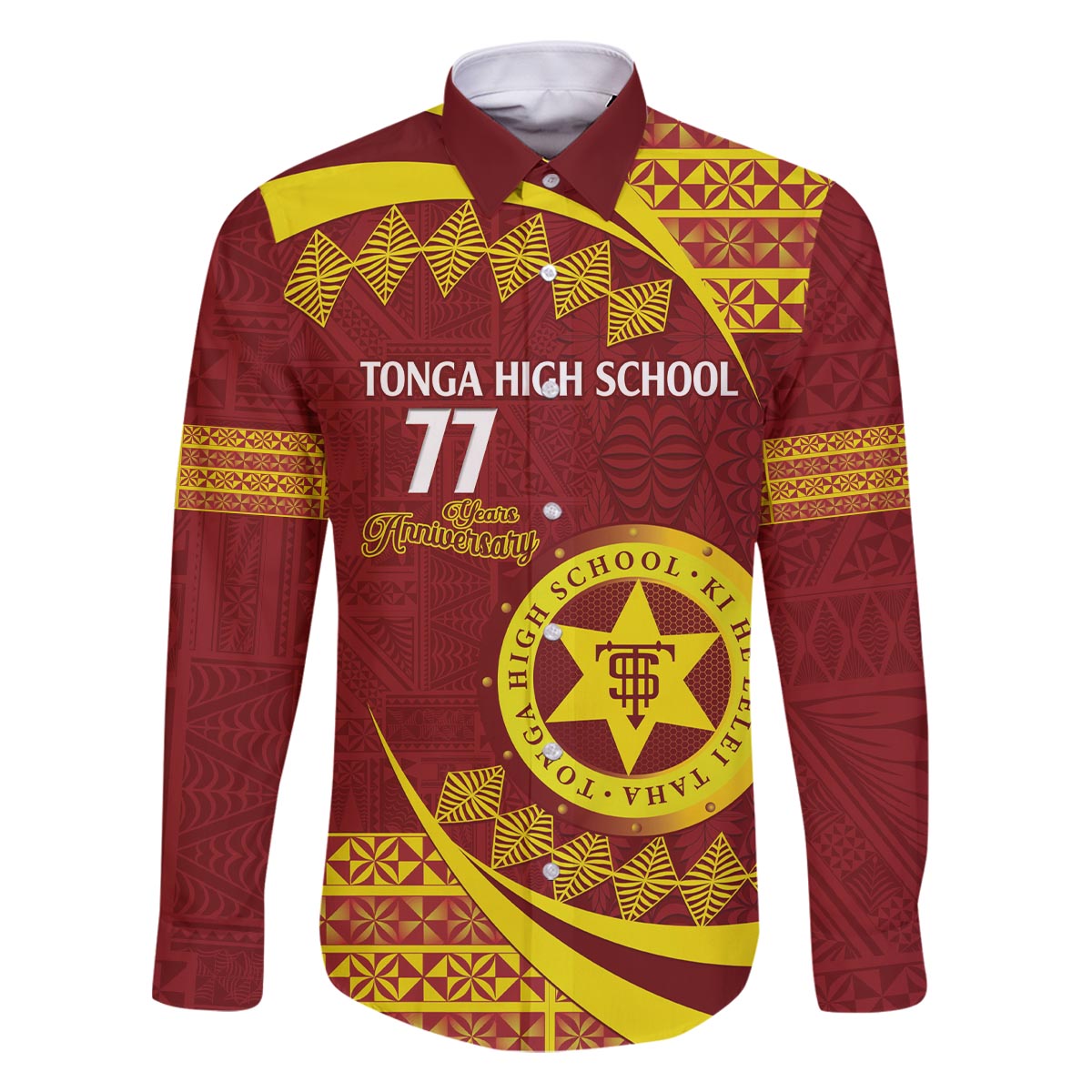 Personalised Tonga High School Family Matching Off The Shoulder Long Sleeve Dress and Hawaiian Shirt Happy 77 Years Anniversary LT14 Dad's Shirt - Long Sleeve Maroon - Polynesian Pride