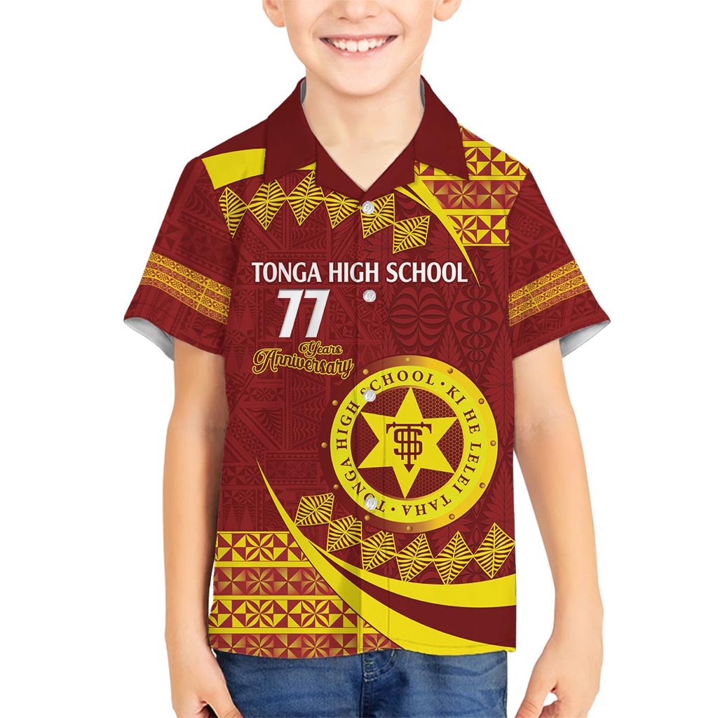 Personalised Tonga High School Family Matching Off Shoulder Maxi Dress and Hawaiian Shirt Happy 77 Years Anniversary LT14 Son's Shirt Maroon - Polynesian Pride