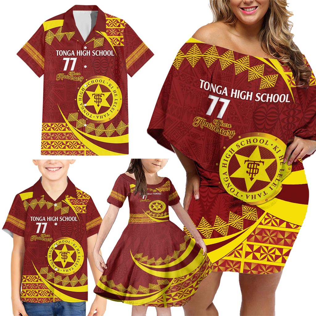 Personalised Tonga High School Family Matching Off Shoulder Short Dress and Hawaiian Shirt Happy 77 Years Anniversary LT14 - Polynesian Pride