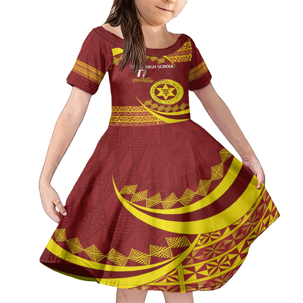 Personalised Tonga High School Family Matching Puletasi and Hawaiian Shirt Happy 77 Years Anniversary LT14 Daughter's Dress Maroon - Polynesian Pride