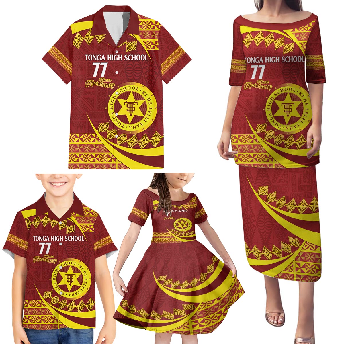 Personalised Tonga High School Family Matching Puletasi and Hawaiian Shirt Happy 77 Years Anniversary LT14 - Polynesian Pride