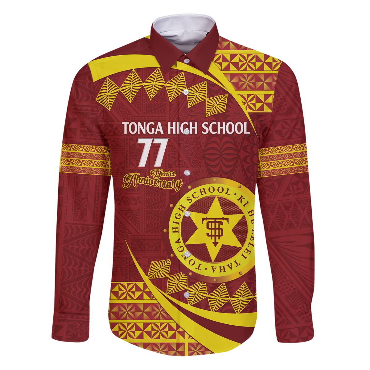 Personalised Tonga High School Family Matching Puletasi and Hawaiian Shirt Happy 77 Years Anniversary LT14 Dad's Shirt - Long Sleeve Maroon - Polynesian Pride