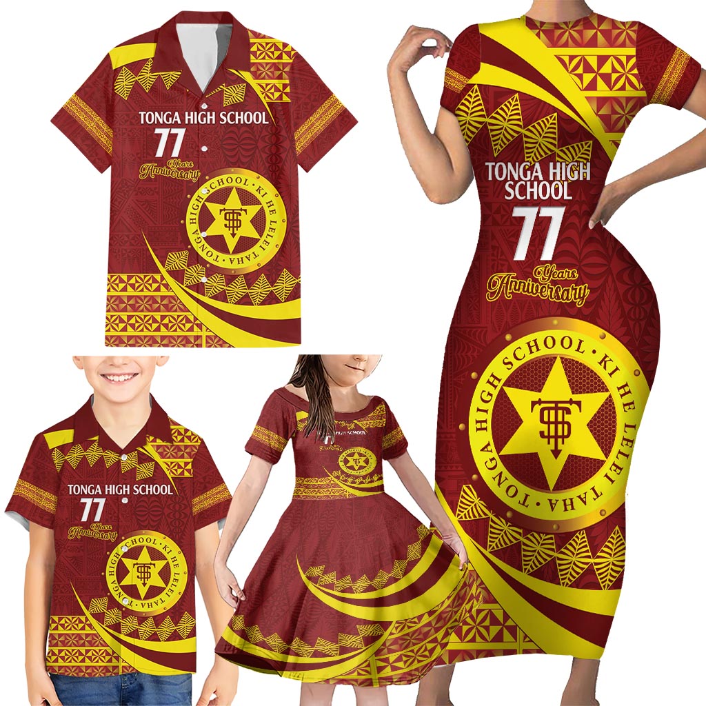Personalised Tonga High School Family Matching Short Sleeve Bodycon Dress and Hawaiian Shirt Happy 77 Years Anniversary LT14 - Polynesian Pride