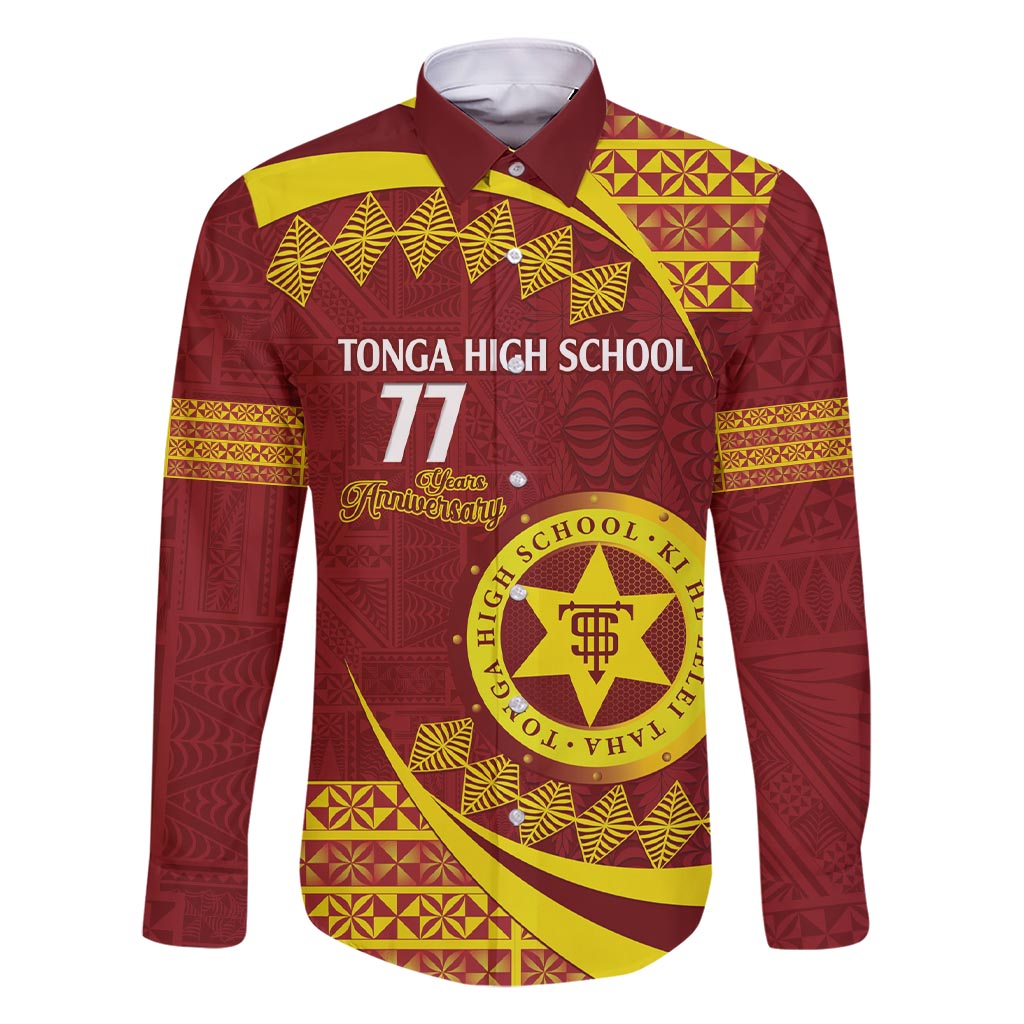 Personalised Tonga High School Family Matching Short Sleeve Bodycon Dress and Hawaiian Shirt Happy 77 Years Anniversary LT14 Dad's Shirt - Long Sleeve Maroon - Polynesian Pride