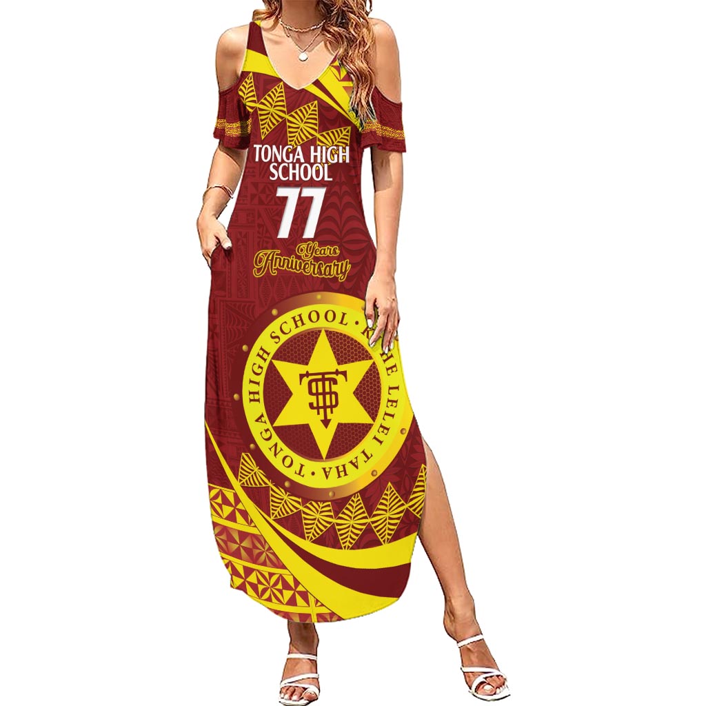 Personalised Tonga High School Family Matching Summer Maxi Dress and Hawaiian Shirt Happy 77 Years Anniversary LT14 Mom's Dress Maroon - Polynesian Pride