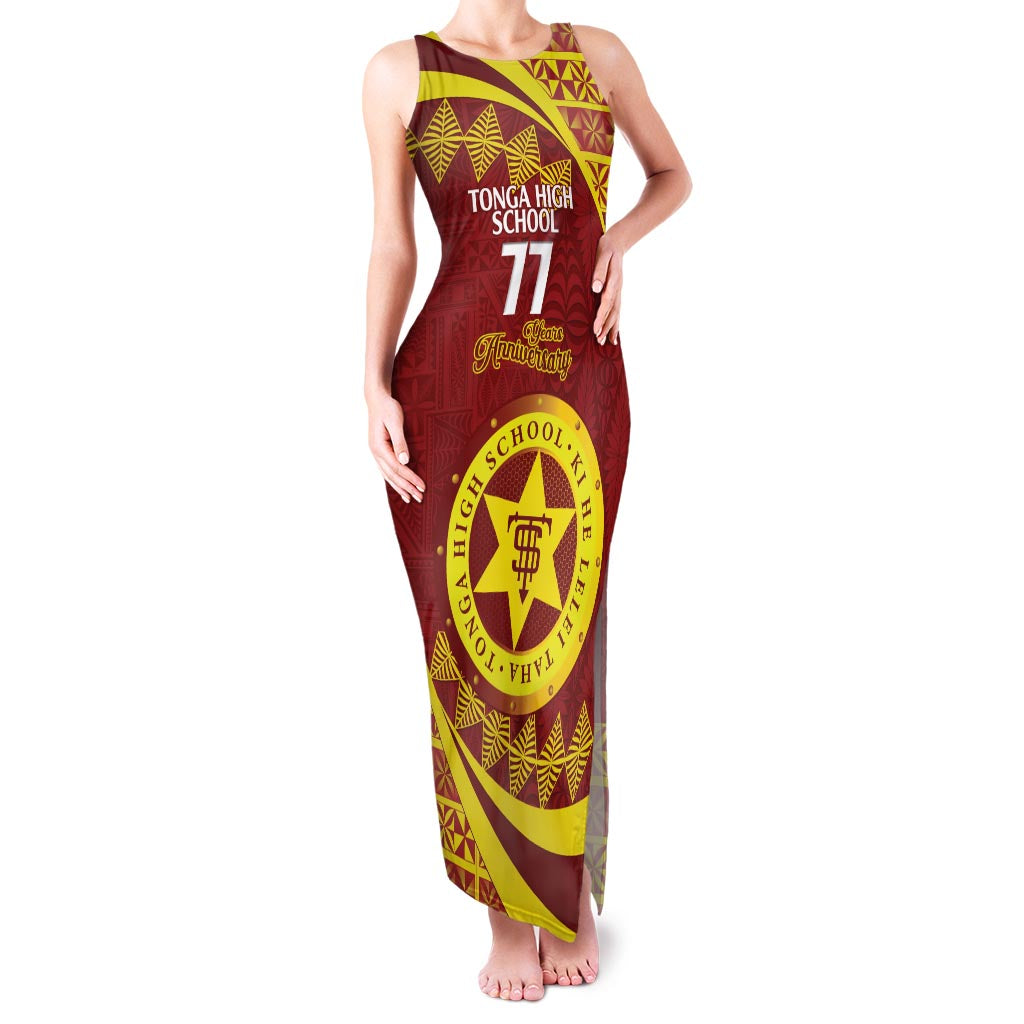 Personalised Tonga High School Family Matching Tank Maxi Dress and Hawaiian Shirt Happy 77 Years Anniversary LT14 Mom's Dress Maroon - Polynesian Pride