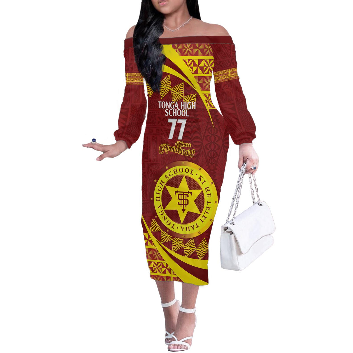 Personalised Tonga High School Off The Shoulder Long Sleeve Dress Happy 77 Years Anniversary