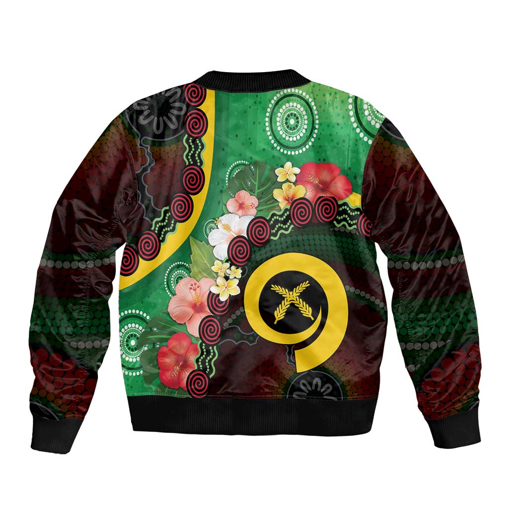 Long God Yumi Stanap Vanuatu Bomber Jacket Tropical Flowers Aboriginal Pattern