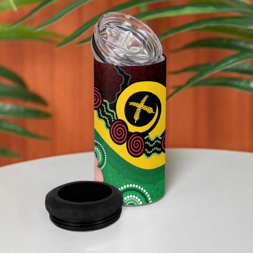 Long God Yumi Stanap Vanuatu 4 in 1 Can Cooler Tumbler Tropical Flowers Aboriginal Pattern