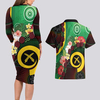 Long God Yumi Stanap Vanuatu Couples Matching Long Sleeve Bodycon Dress and Hawaiian Shirt Tropical Flowers Aboriginal Pattern LT14 - Polynesian Pride