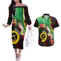 Long God Yumi Stanap Vanuatu Couples Matching Off The Shoulder Long Sleeve Dress and Hawaiian Shirt Tropical Flowers Aboriginal Pattern LT14 Green - Polynesian Pride