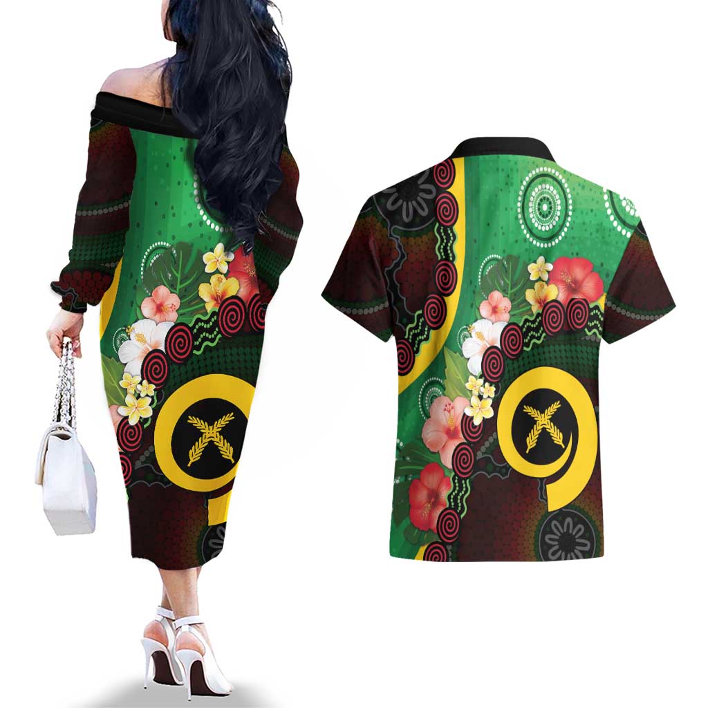 Long God Yumi Stanap Vanuatu Couples Matching Off The Shoulder Long Sleeve Dress and Hawaiian Shirt Tropical Flowers Aboriginal Pattern LT14 - Polynesian Pride