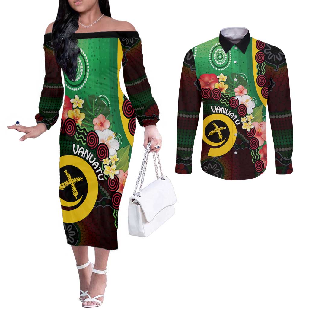 Long God Yumi Stanap Vanuatu Couples Matching Off The Shoulder Long Sleeve Dress and Long Sleeve Button Shirt Tropical Flowers Aboriginal Pattern LT14 Green - Polynesian Pride