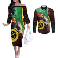 Long God Yumi Stanap Vanuatu Couples Matching Off The Shoulder Long Sleeve Dress and Long Sleeve Button Shirt Tropical Flowers Aboriginal Pattern LT14 Green - Polynesian Pride