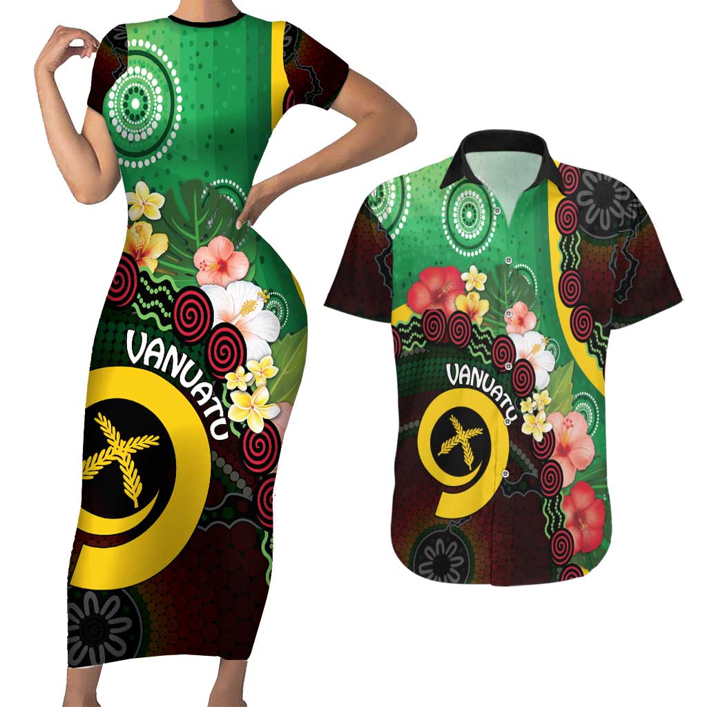 Long God Yumi Stanap Vanuatu Couples Matching Short Sleeve Bodycon Dress and Hawaiian Shirt Tropical Flowers Aboriginal Pattern LT14 Green - Polynesian Pride