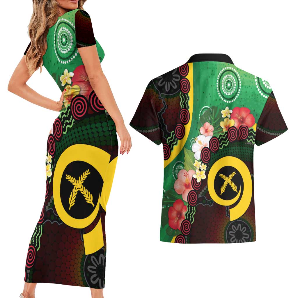 Long God Yumi Stanap Vanuatu Couples Matching Short Sleeve Bodycon Dress and Hawaiian Shirt Tropical Flowers Aboriginal Pattern LT14 - Polynesian Pride