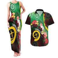 Long God Yumi Stanap Vanuatu Couples Matching Tank Maxi Dress and Hawaiian Shirt Tropical Flowers Aboriginal Pattern LT14 Green - Polynesian Pride
