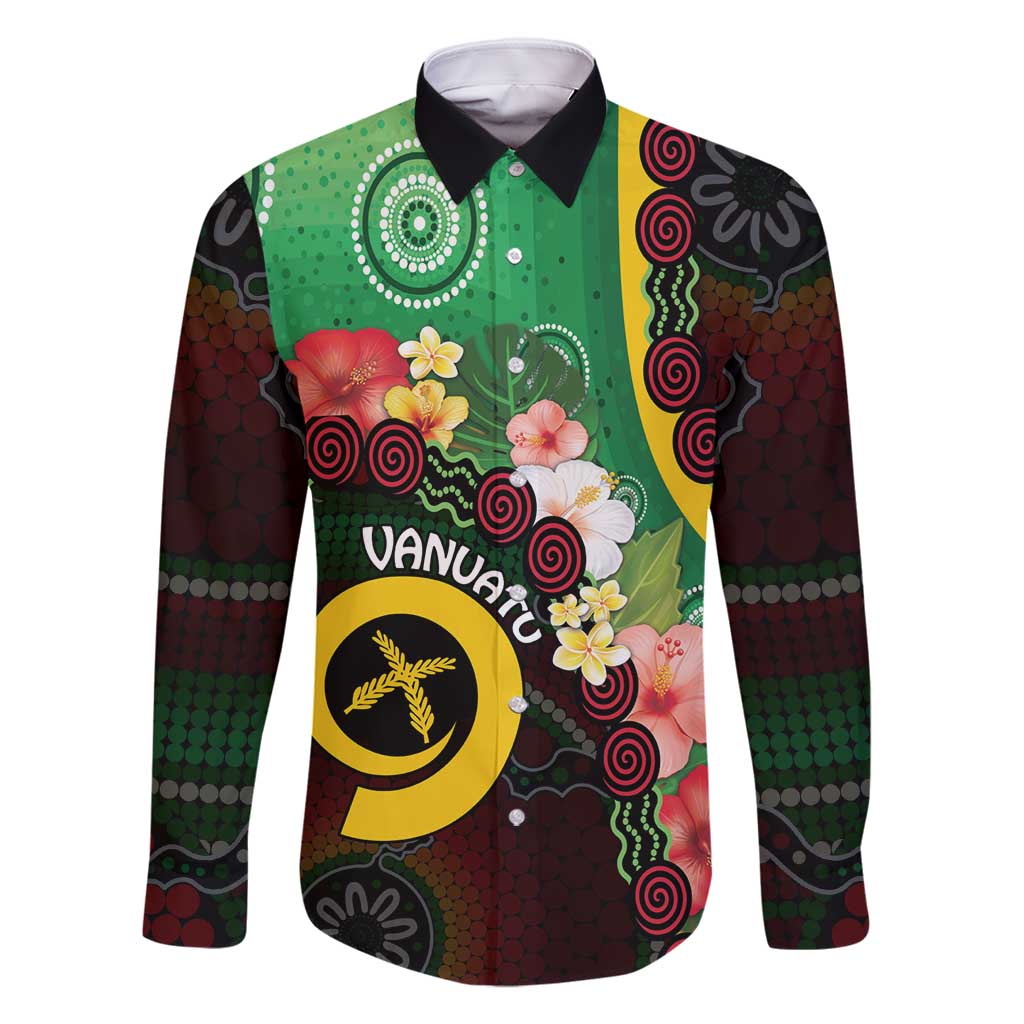 Long God Yumi Stanap Vanuatu Family Matching Off Shoulder Maxi Dress and Hawaiian Shirt Tropical Flowers Aboriginal Pattern LT14 Dad's Shirt - Long Sleeve Green - Polynesian Pride