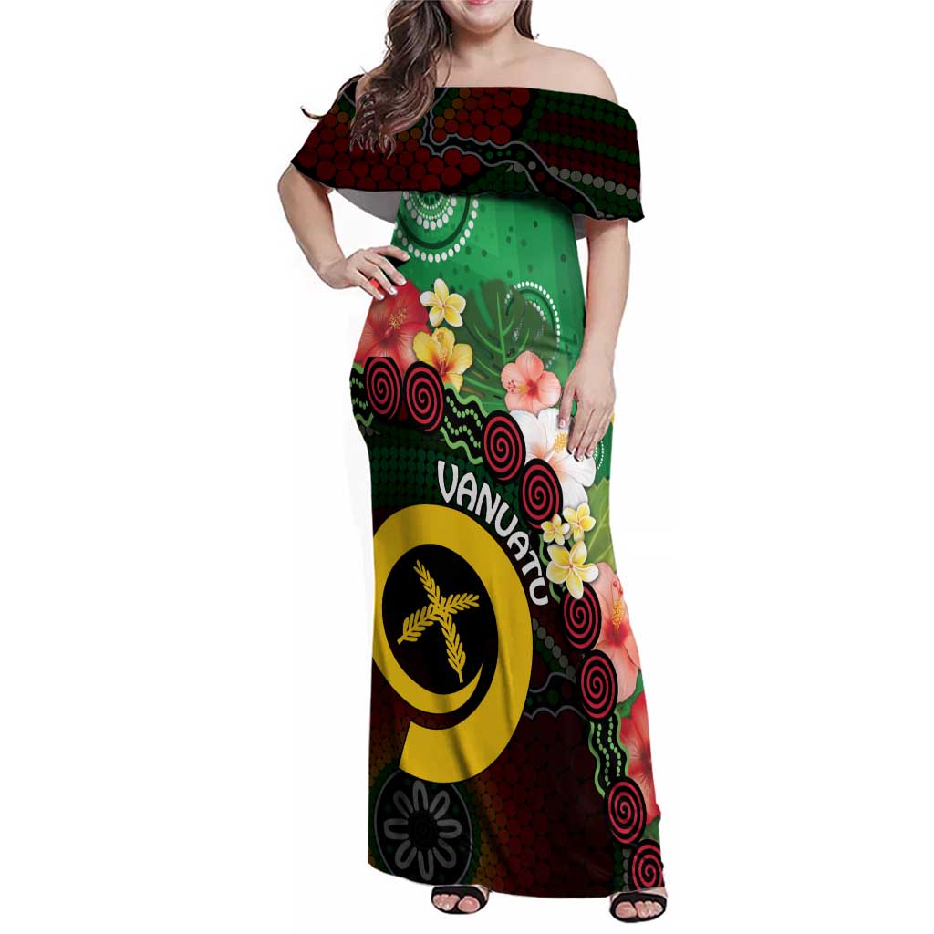 Long God Yumi Stanap Vanuatu Family Matching Off Shoulder Maxi Dress and Hawaiian Shirt Tropical Flowers Aboriginal Pattern LT14 Mom's Dress Green - Polynesian Pride