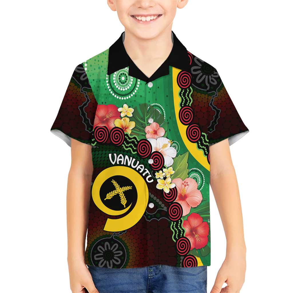 Long God Yumi Stanap Vanuatu Family Matching Off Shoulder Maxi Dress and Hawaiian Shirt Tropical Flowers Aboriginal Pattern LT14 Son's Shirt Green - Polynesian Pride