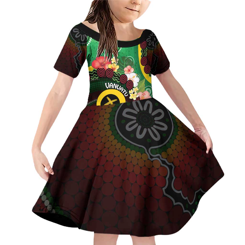 Long God Yumi Stanap Vanuatu Family Matching Off Shoulder Short Dress and Hawaiian Shirt Tropical Flowers Aboriginal Pattern LT14 Daughter's Dress Green - Polynesian Pride