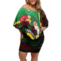 Long God Yumi Stanap Vanuatu Family Matching Off Shoulder Short Dress and Hawaiian Shirt Tropical Flowers Aboriginal Pattern LT14 Mom's Dress Green - Polynesian Pride