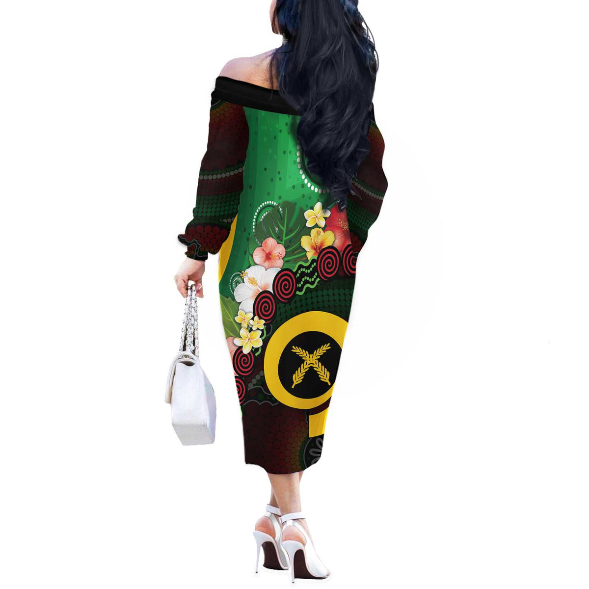 Long God Yumi Stanap Vanuatu Off The Shoulder Long Sleeve Dress Tropical Flowers Aboriginal Pattern