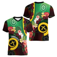 Long God Yumi Stanap Vanuatu Women V-Neck T-Shirt Tropical Flowers Aboriginal Pattern