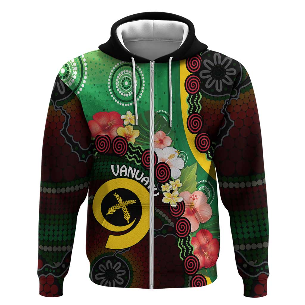 Long God Yumi Stanap Vanuatu Zip Hoodie Tropical Flowers Aboriginal Pattern LT14 Zip Hoodie Green - Polynesian Pride