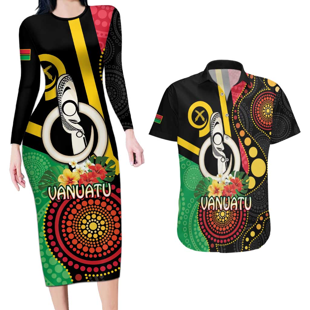 Tamtam Drum Vanuatu Couples Matching Long Sleeve Bodycon Dress and Hawaiian Shirt Boar Tusk Aboriginal Flag Style LT14 Black - Polynesian Pride