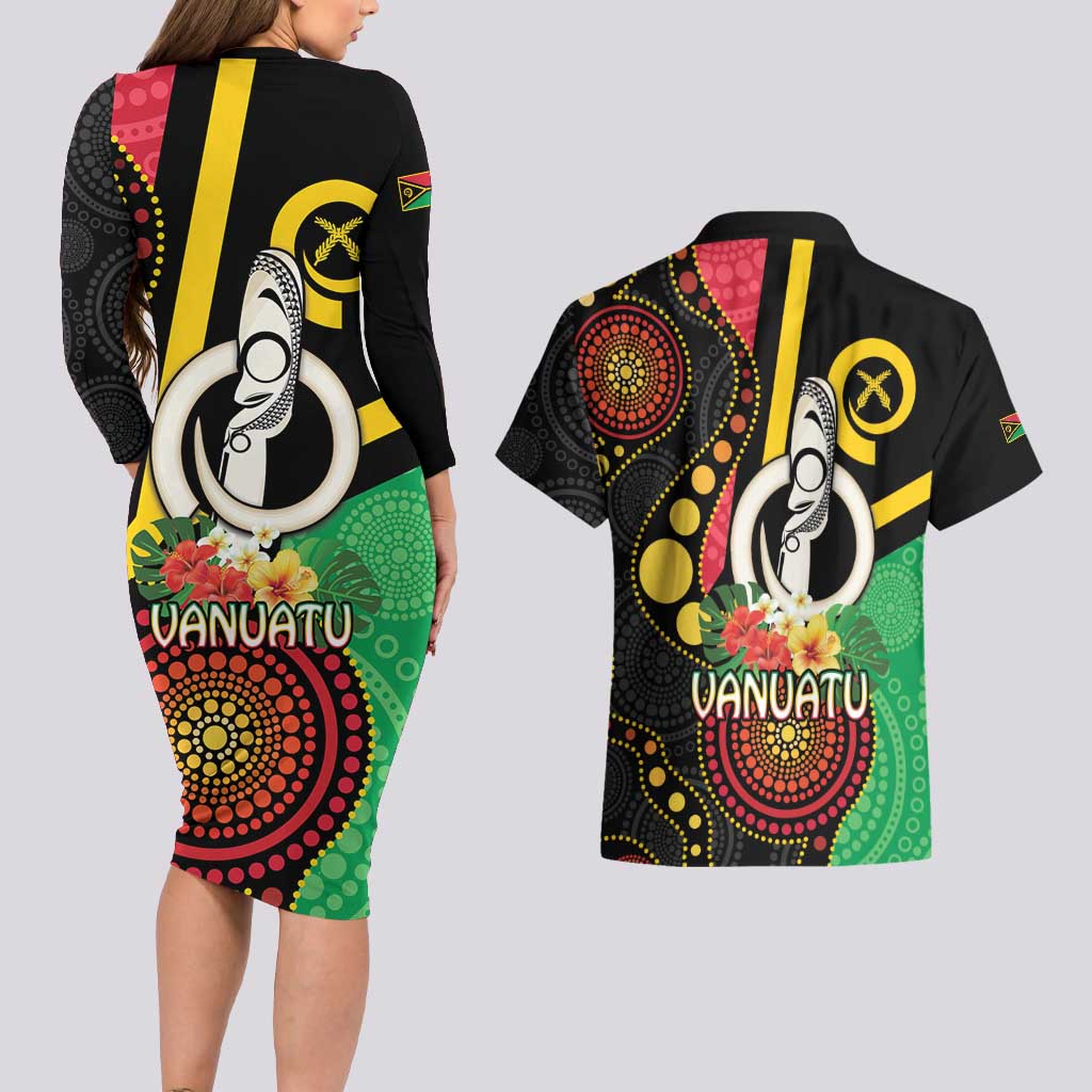 Tamtam Drum Vanuatu Couples Matching Long Sleeve Bodycon Dress and Hawaiian Shirt Boar Tusk Aboriginal Flag Style LT14 - Polynesian Pride