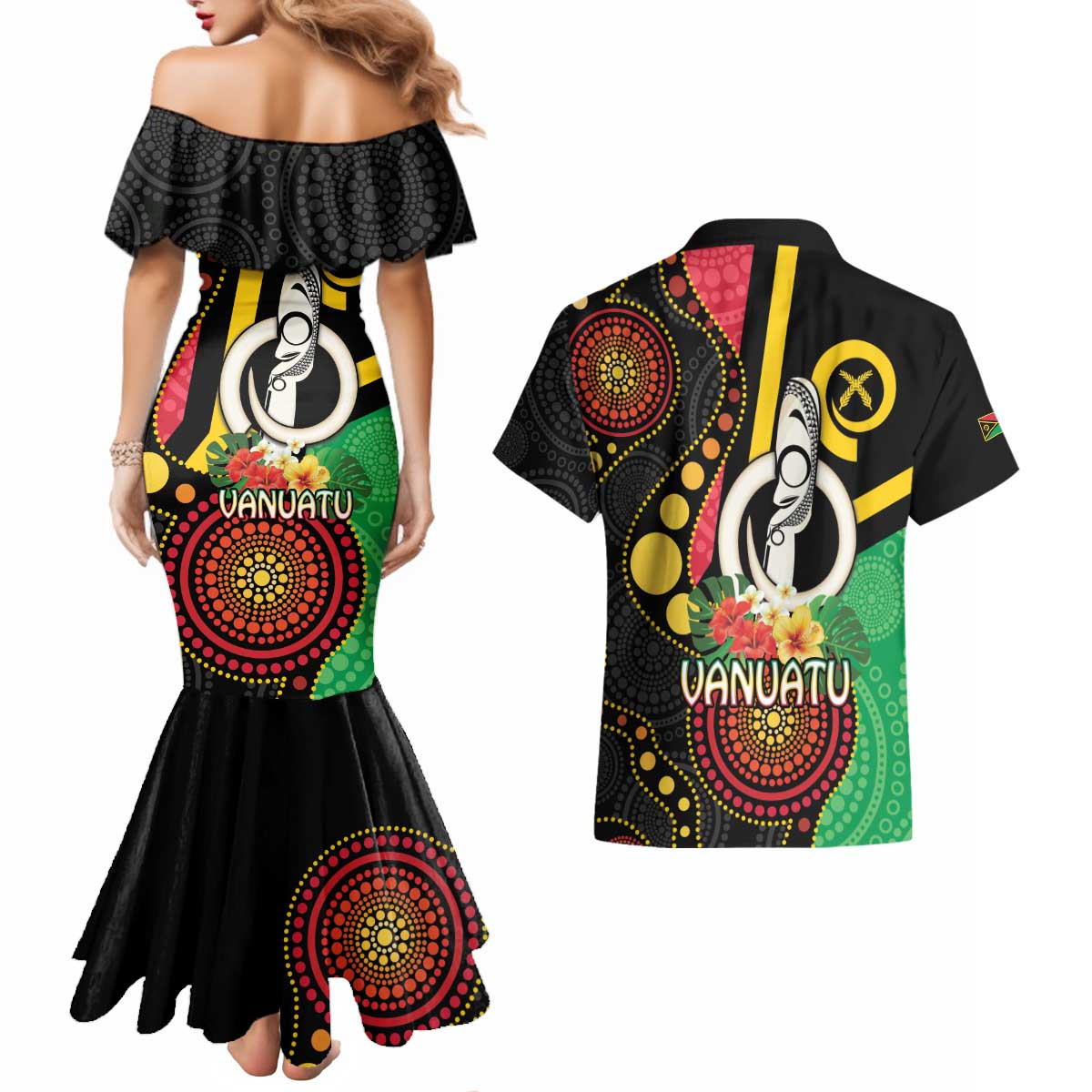 Tamtam Drum Vanuatu Couples Matching Mermaid Dress and Hawaiian Shirt Boar Tusk Aboriginal Flag Style LT14 - Polynesian Pride