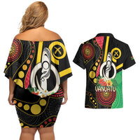 Tamtam Drum Vanuatu Couples Matching Off Shoulder Short Dress and Hawaiian Shirt Boar Tusk Aboriginal Flag Style LT14 - Polynesian Pride