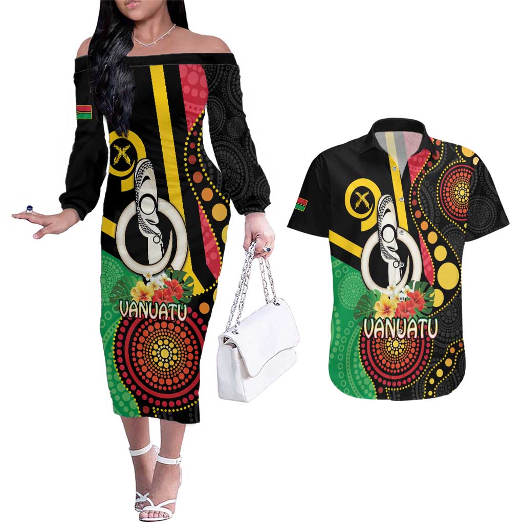 Tamtam Drum Vanuatu Couples Matching Off The Shoulder Long Sleeve Dress and Hawaiian Shirt Boar Tusk Aboriginal Flag Style LT14 Black - Polynesian Pride
