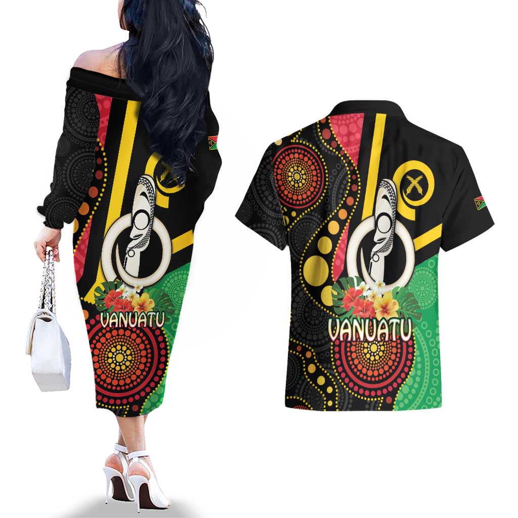 Tamtam Drum Vanuatu Couples Matching Off The Shoulder Long Sleeve Dress and Hawaiian Shirt Boar Tusk Aboriginal Flag Style LT14 - Polynesian Pride