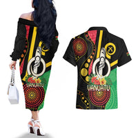 Tamtam Drum Vanuatu Couples Matching Off The Shoulder Long Sleeve Dress and Hawaiian Shirt Boar Tusk Aboriginal Flag Style LT14 - Polynesian Pride