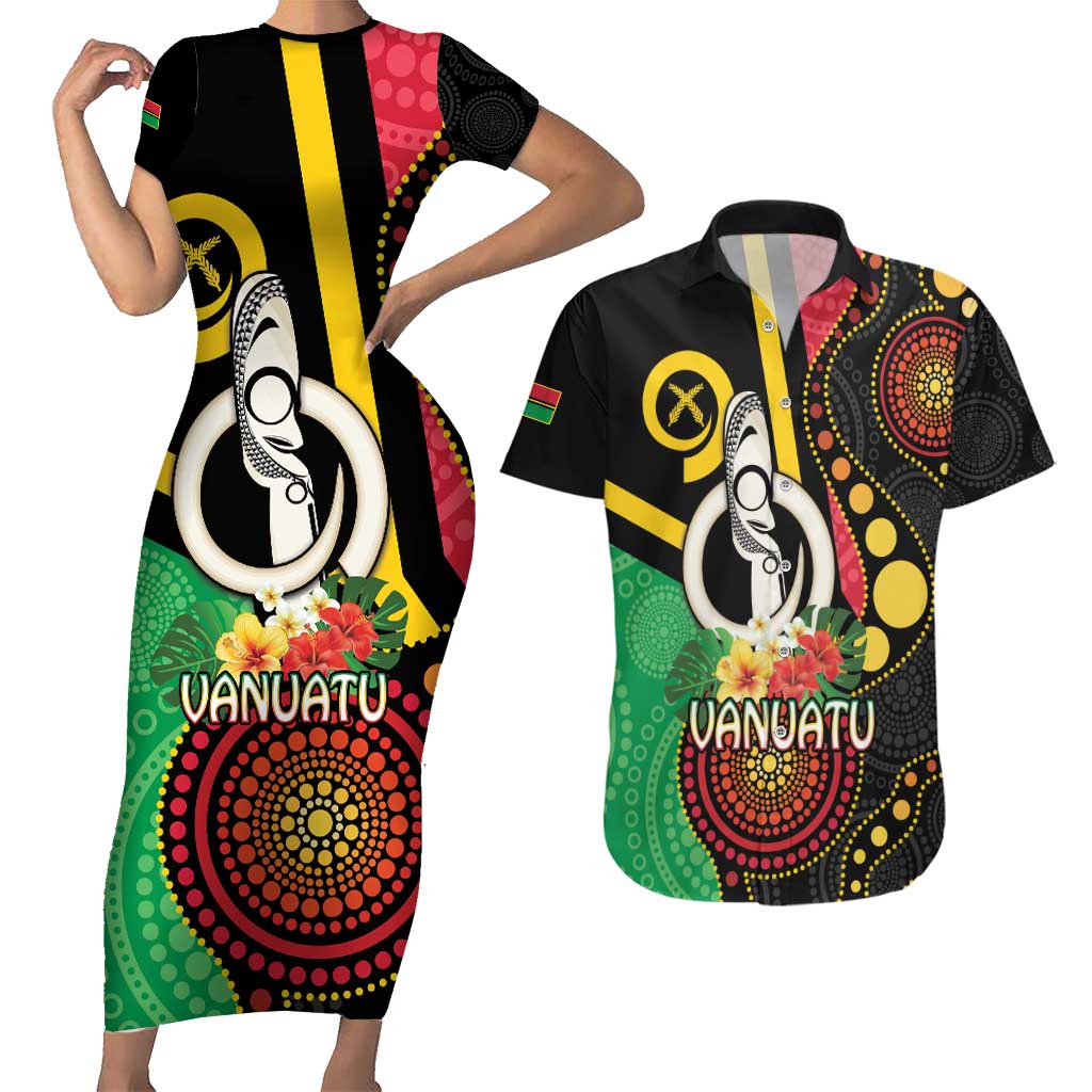 Tamtam Drum Vanuatu Couples Matching Short Sleeve Bodycon Dress and Hawaiian Shirt Boar Tusk Aboriginal Flag Style LT14 Black - Polynesian Pride