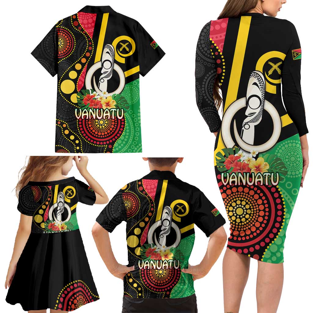 Tamtam Drum Vanuatu Family Matching Long Sleeve Bodycon Dress and Hawaiian Shirt Boar Tusk Aboriginal Flag Style LT14 - Polynesian Pride
