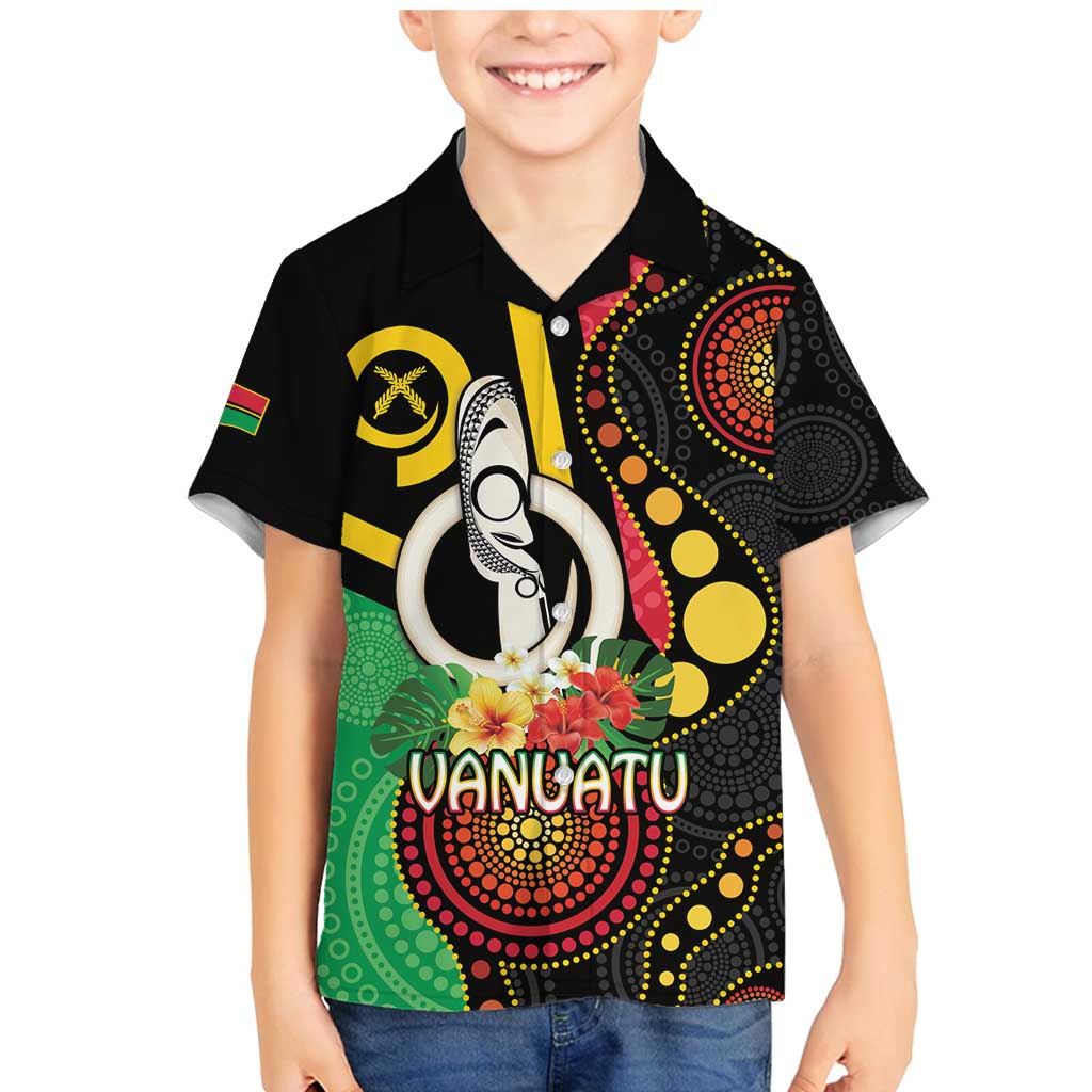 Tamtam Drum Vanuatu Family Matching Mermaid Dress and Hawaiian Shirt Boar Tusk Aboriginal Flag Style LT14 Son's Shirt Black - Polynesian Pride