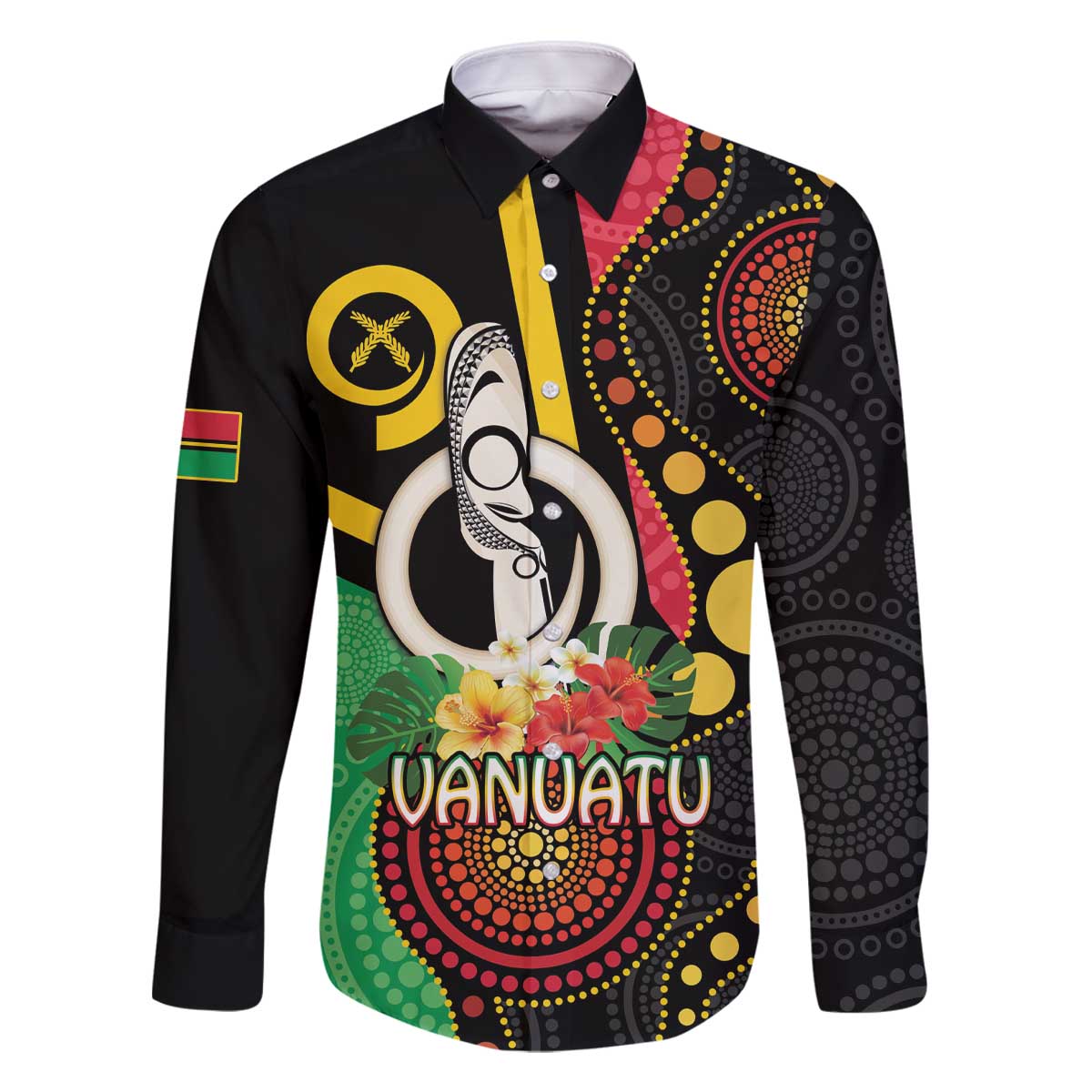 Tamtam Drum Vanuatu Family Matching Off The Shoulder Long Sleeve Dress and Hawaiian Shirt Boar Tusk Aboriginal Flag Style LT14 Dad's Shirt - Long Sleeve Black - Polynesian Pride