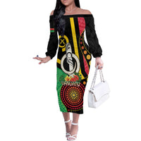 Tamtam Drum Vanuatu Family Matching Off The Shoulder Long Sleeve Dress and Hawaiian Shirt Boar Tusk Aboriginal Flag Style LT14 Mom's Dress Black - Polynesian Pride