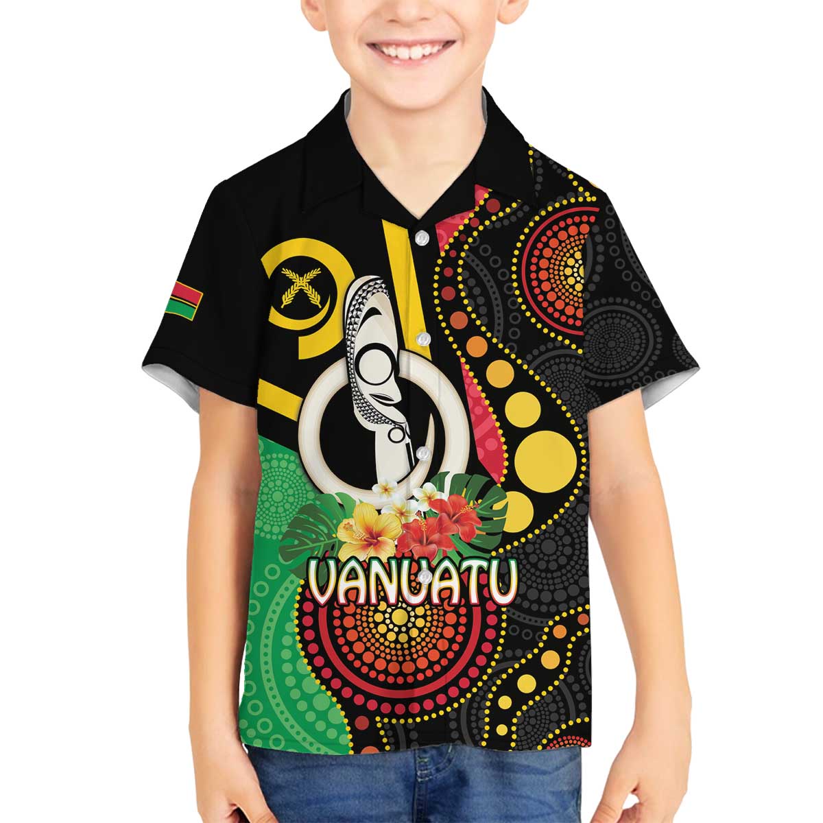 Tamtam Drum Vanuatu Family Matching Off The Shoulder Long Sleeve Dress and Hawaiian Shirt Boar Tusk Aboriginal Flag Style LT14 Son's Shirt Black - Polynesian Pride