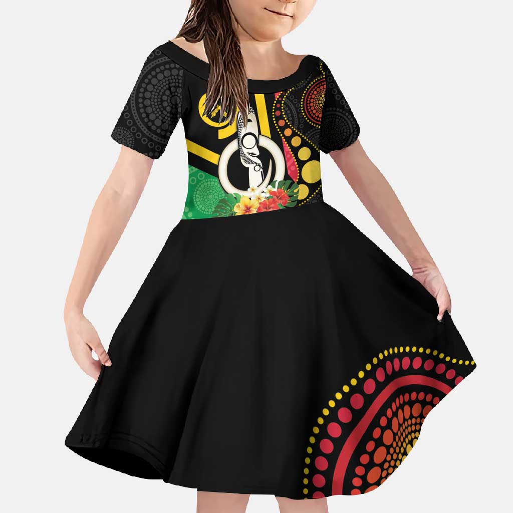 Tamtam Drum Vanuatu Family Matching Off Shoulder Maxi Dress and Hawaiian Shirt Boar Tusk Aboriginal Flag Style LT14 Daughter's Dress Black - Polynesian Pride