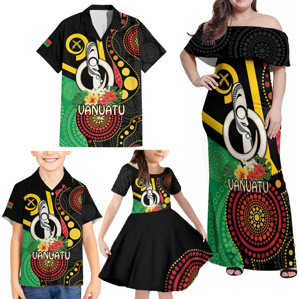 Tamtam Drum Vanuatu Family Matching Off Shoulder Maxi Dress and Hawaiian Shirt Boar Tusk Aboriginal Flag Style LT14 - Polynesian Pride
