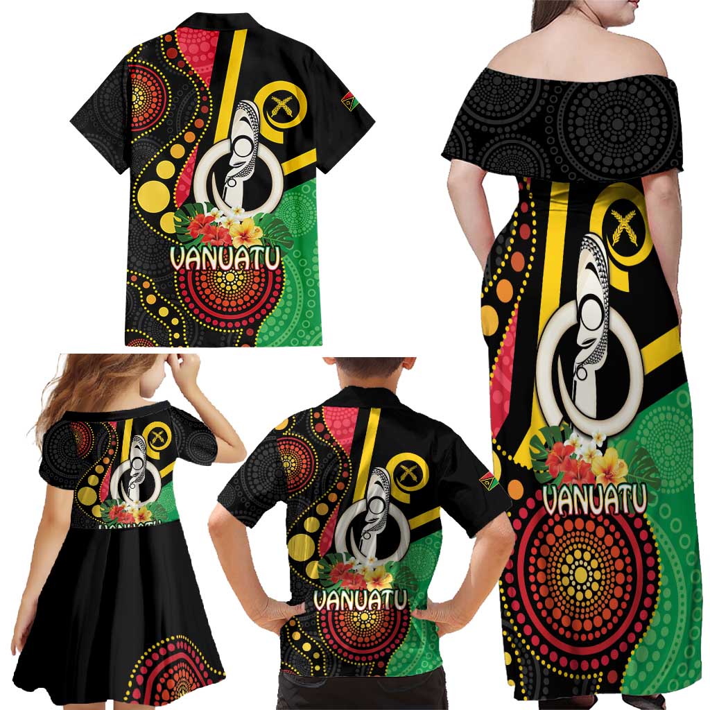 Tamtam Drum Vanuatu Family Matching Off Shoulder Maxi Dress and Hawaiian Shirt Boar Tusk Aboriginal Flag Style LT14 - Polynesian Pride