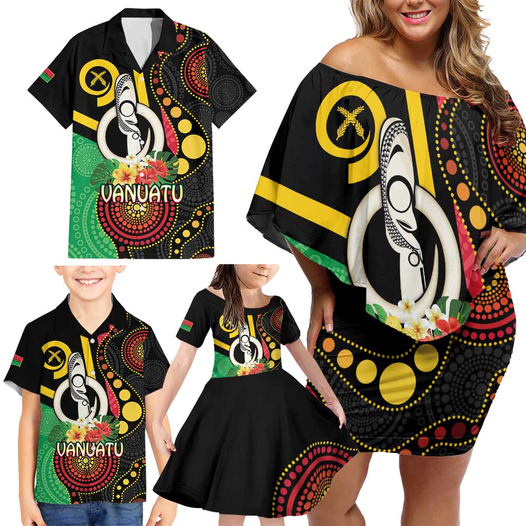 Tamtam Drum Vanuatu Family Matching Off Shoulder Short Dress and Hawaiian Shirt Boar Tusk Aboriginal Flag Style LT14 - Polynesian Pride