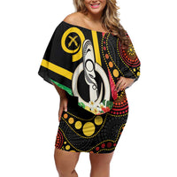 Tamtam Drum Vanuatu Family Matching Off Shoulder Short Dress and Hawaiian Shirt Boar Tusk Aboriginal Flag Style LT14 Mom's Dress Black - Polynesian Pride